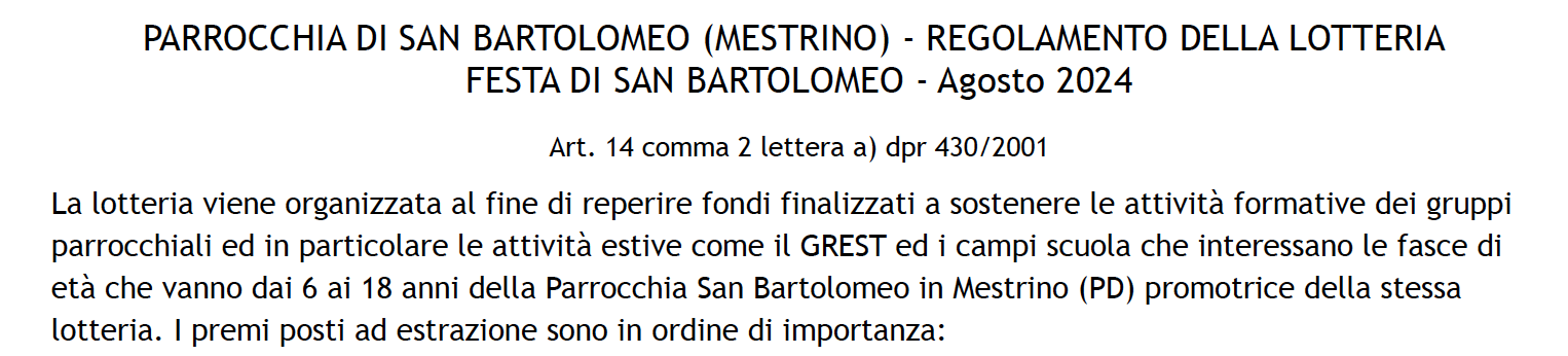 Regolamento Lotteria Festa S. Bartolomeo 2024